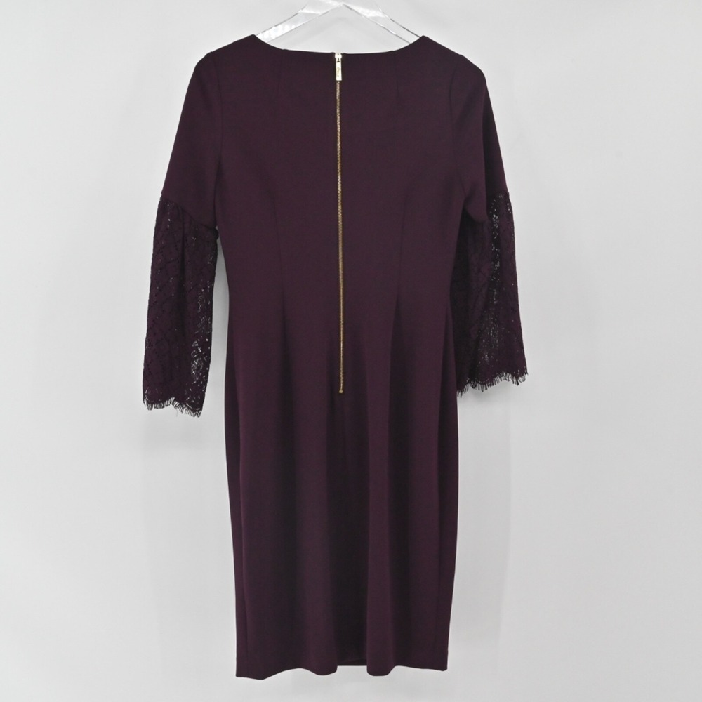 Calvin Klein Burgundy Sheath Dress Size 4 Lace Bell Sleeve Sheath Moody Romantic - Picture 3 of 14
